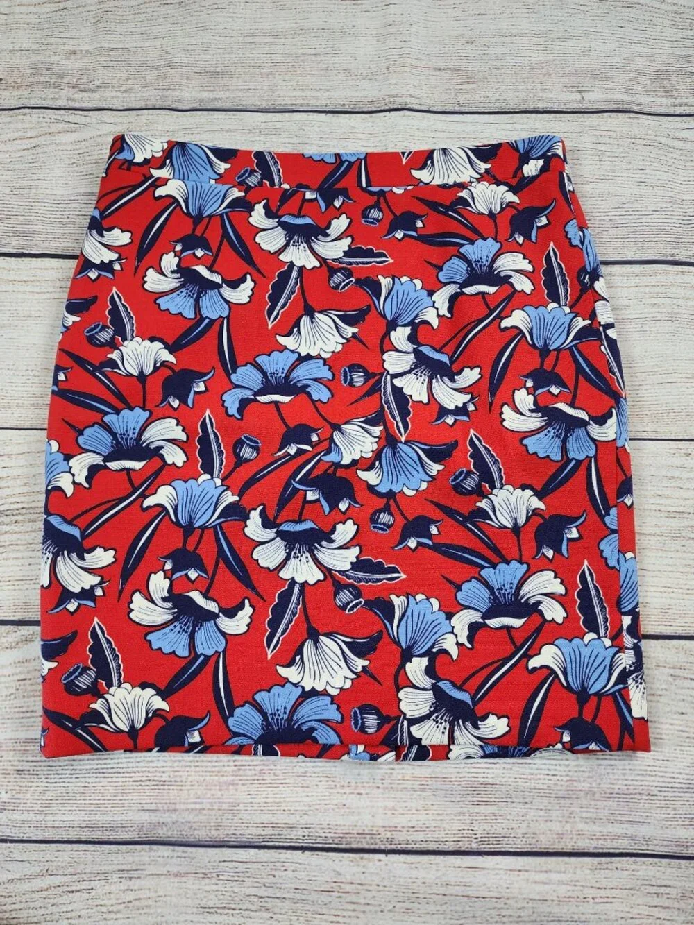 J. Crew Floral Pencil Skirt Size 14 Blue White Red Career Office Americana Bold - Picture 1 of 8
